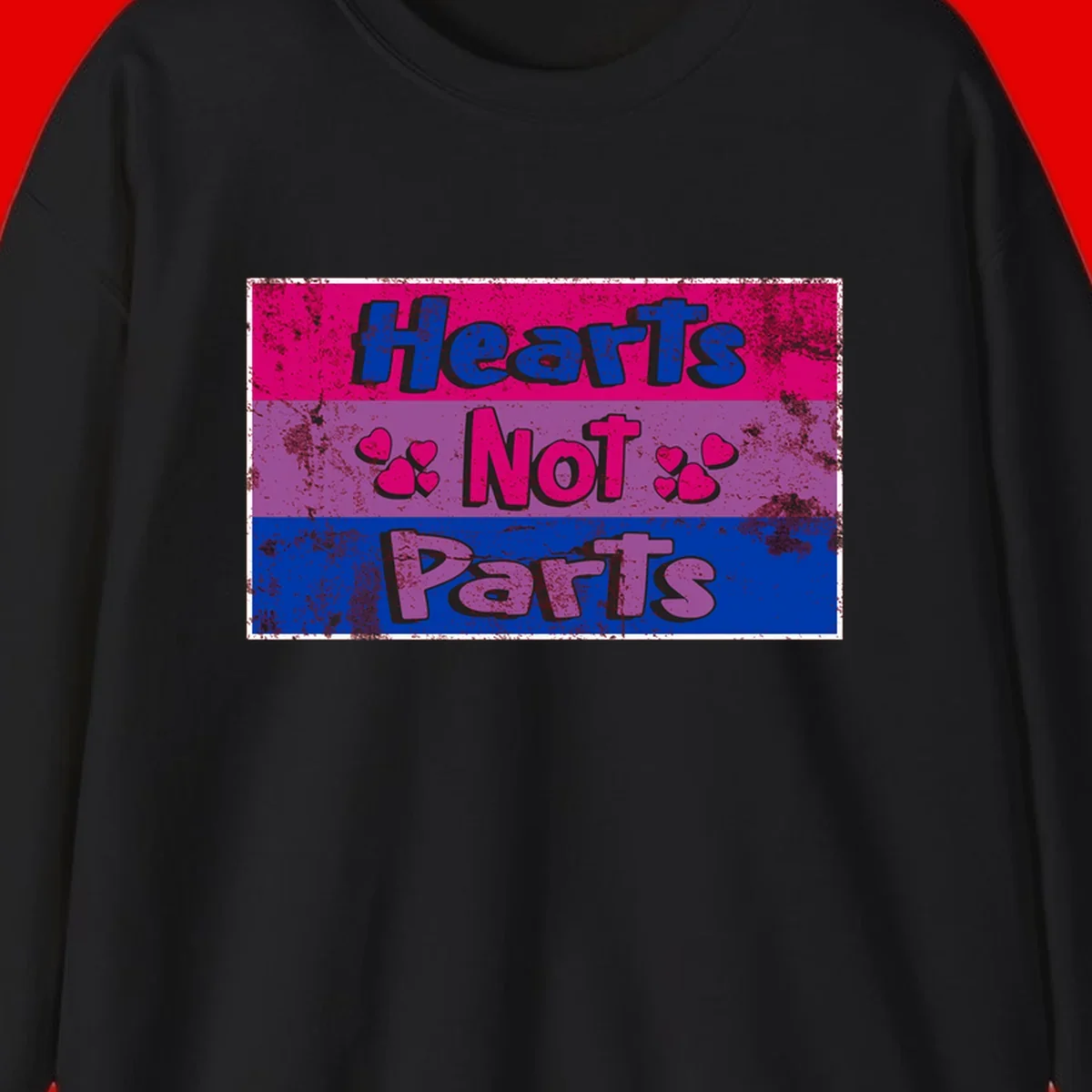 Distressed colorblock design with blue, magenta, and purple stripes featuring 'Hearts NOT Parts' text with heart icons, pride message artwork