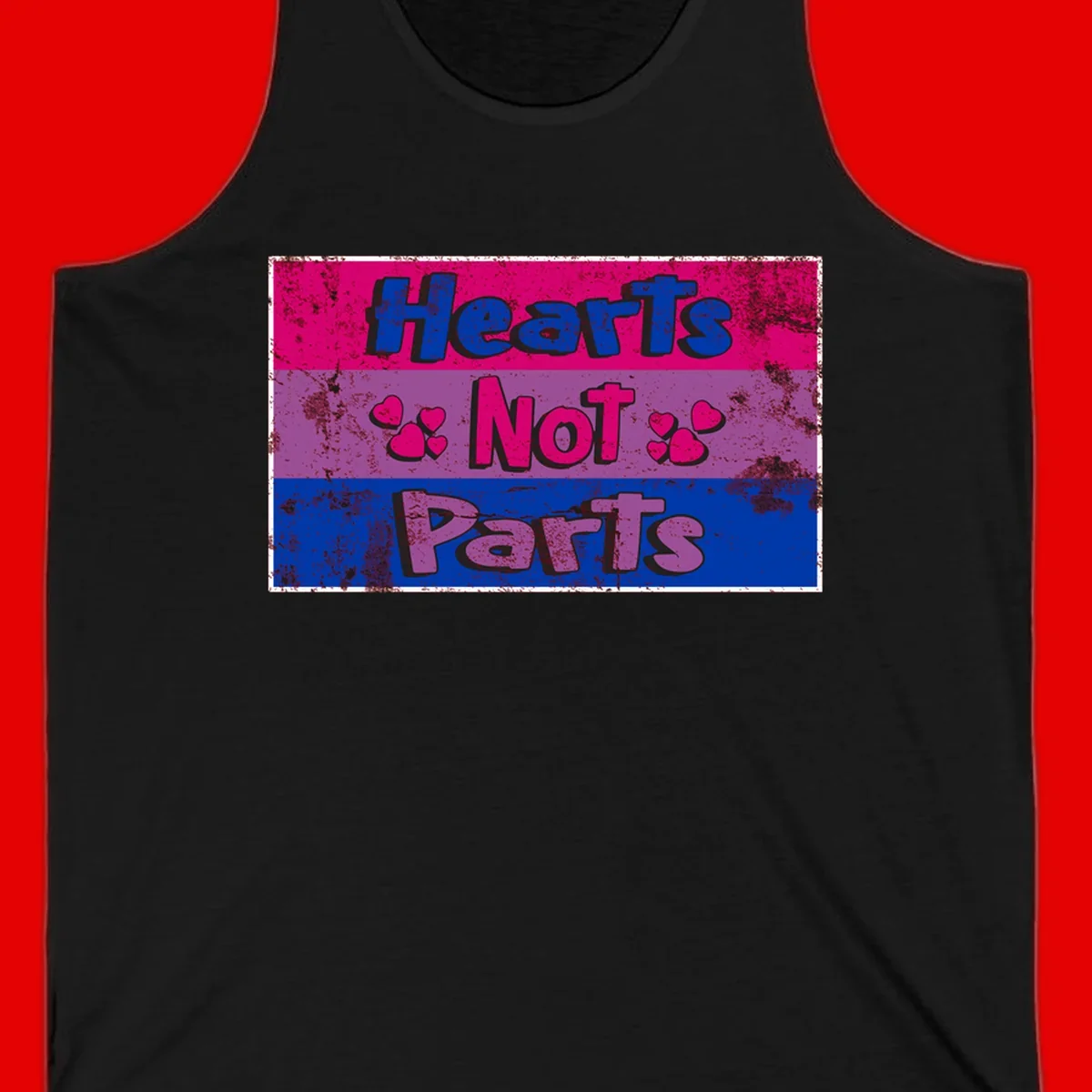 Distressed colorblock design with blue, magenta, and purple stripes featuring 'Hearts NOT Parts' text with heart icons, pride message artwork