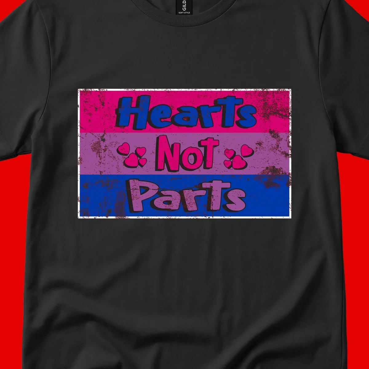 Distressed colorblock design with blue, magenta, and purple stripes featuring 'Hearts NOT Parts' text with heart icons, pride message artwork