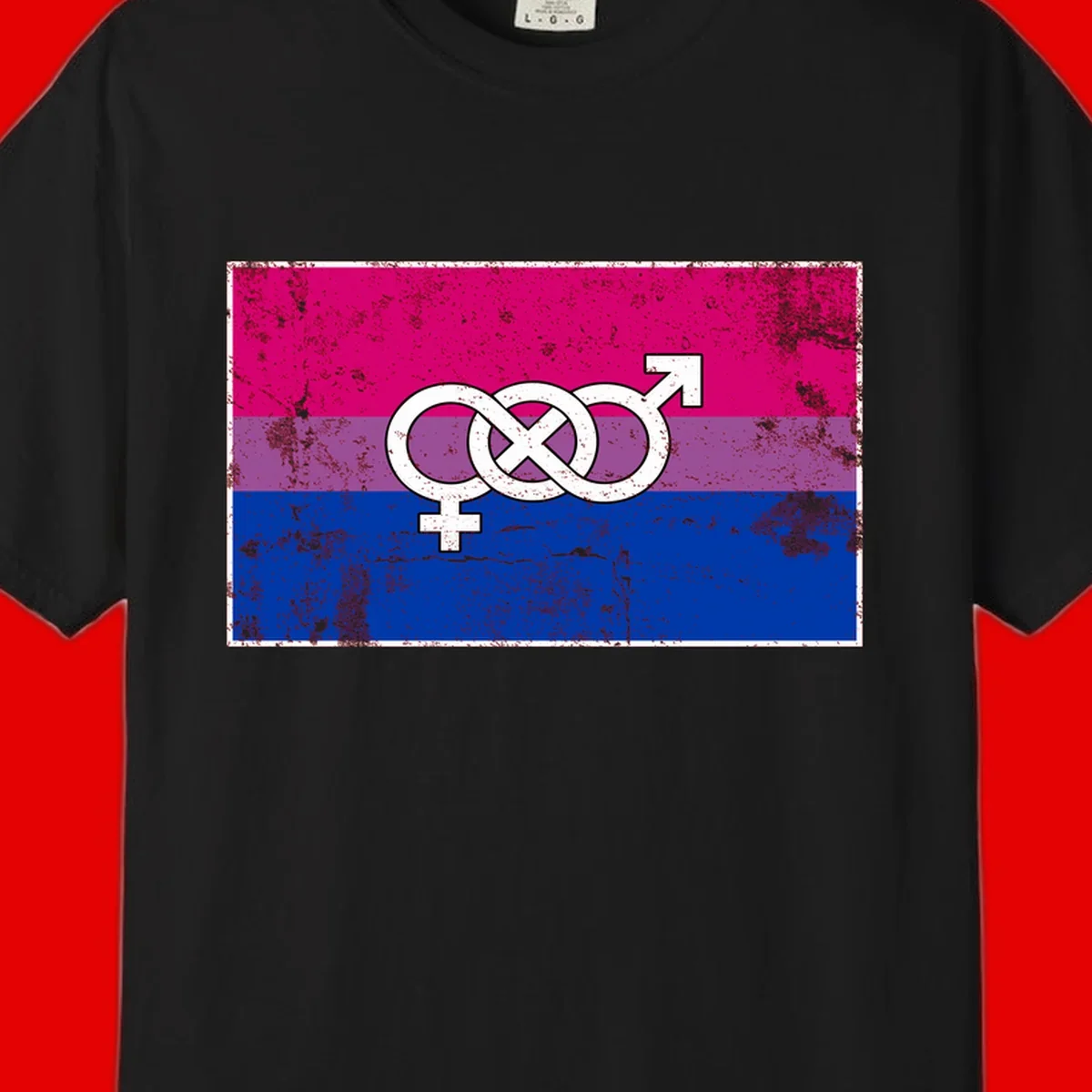 Bisexual infinity pride flag design with magenta, purple, and blue stripes, white infinity symbol, and gender symbols in distressed style