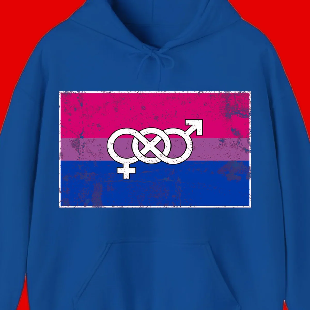 Bisexual infinity pride flag design with magenta, purple, and blue stripes, white infinity symbol, and gender symbols in distressed style