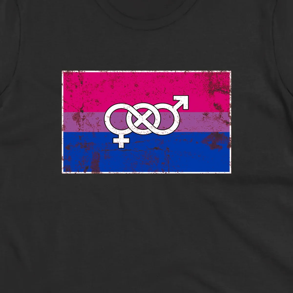 Bisexual infinity pride flag design with magenta, purple, and blue stripes, white infinity symbol, and gender symbols in distressed style