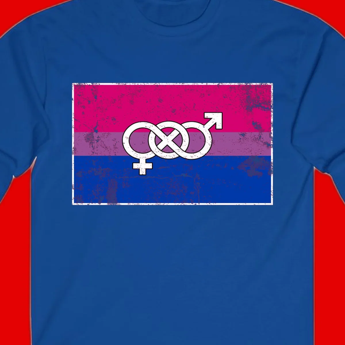 Bisexual infinity pride flag design with magenta, purple, and blue stripes, white infinity symbol, and gender symbols in distressed style