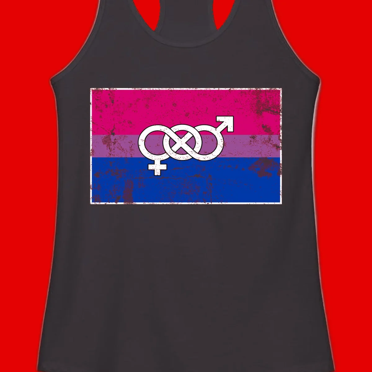 Bisexual infinity pride flag design with magenta, purple, and blue stripes, white infinity symbol, and gender symbols in distressed style