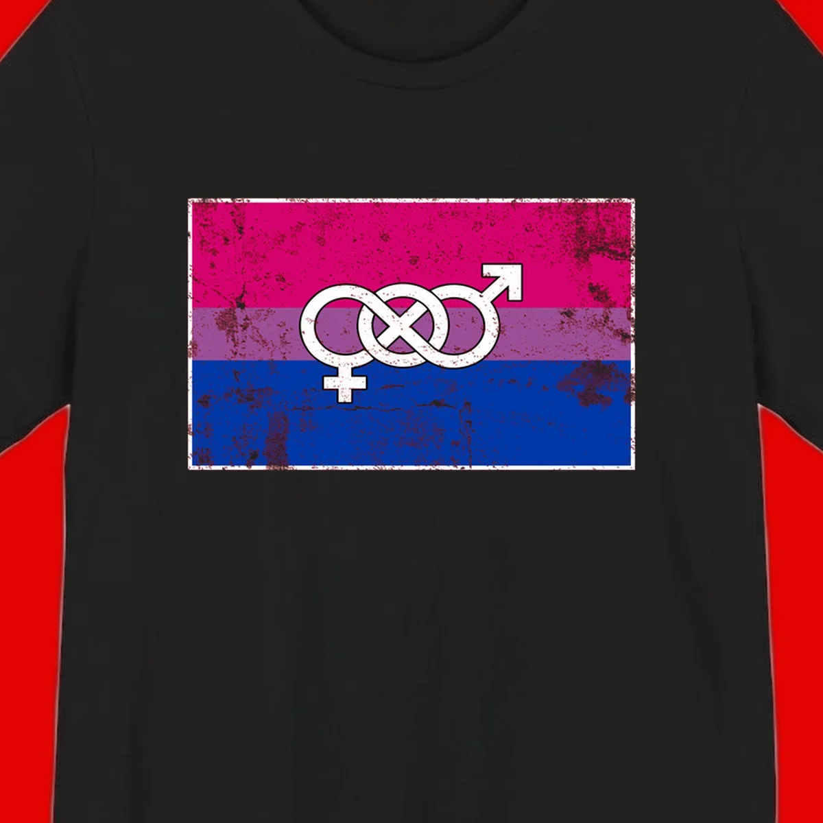 Bisexual infinity pride flag design with magenta, purple, and blue stripes, white infinity symbol, and gender symbols in distressed style