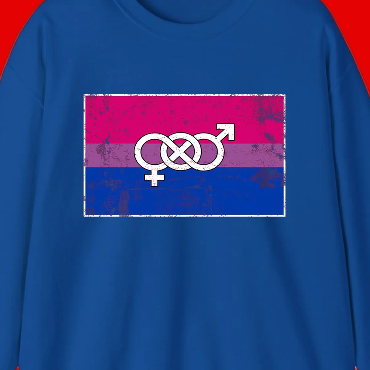 Bisexual infinity pride flag design with magenta, purple, and blue stripes, white infinity symbol, and gender symbols in distressed style