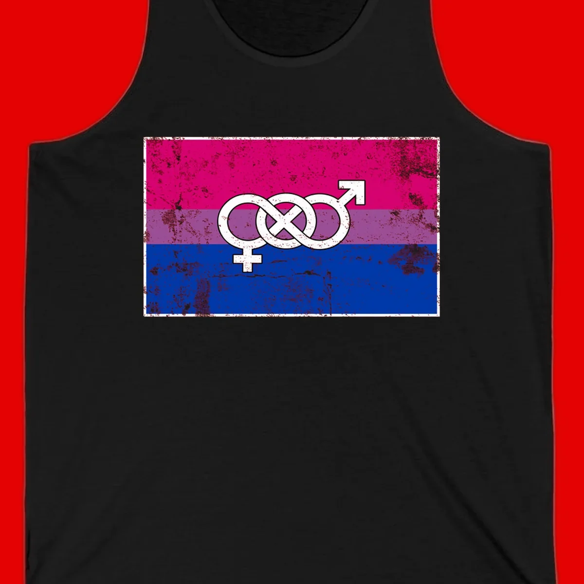 Bisexual infinity pride flag design with magenta, purple, and blue stripes, white infinity symbol, and gender symbols in distressed style