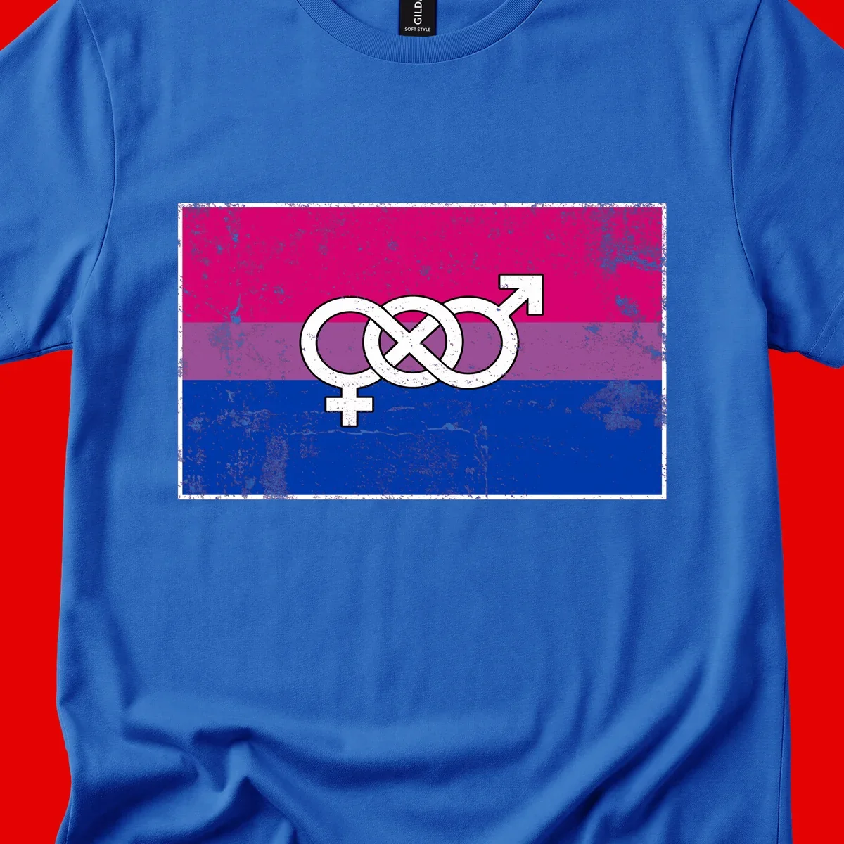 Bisexual infinity pride flag design with magenta, purple, and blue stripes, white infinity symbol, and gender symbols in distressed style