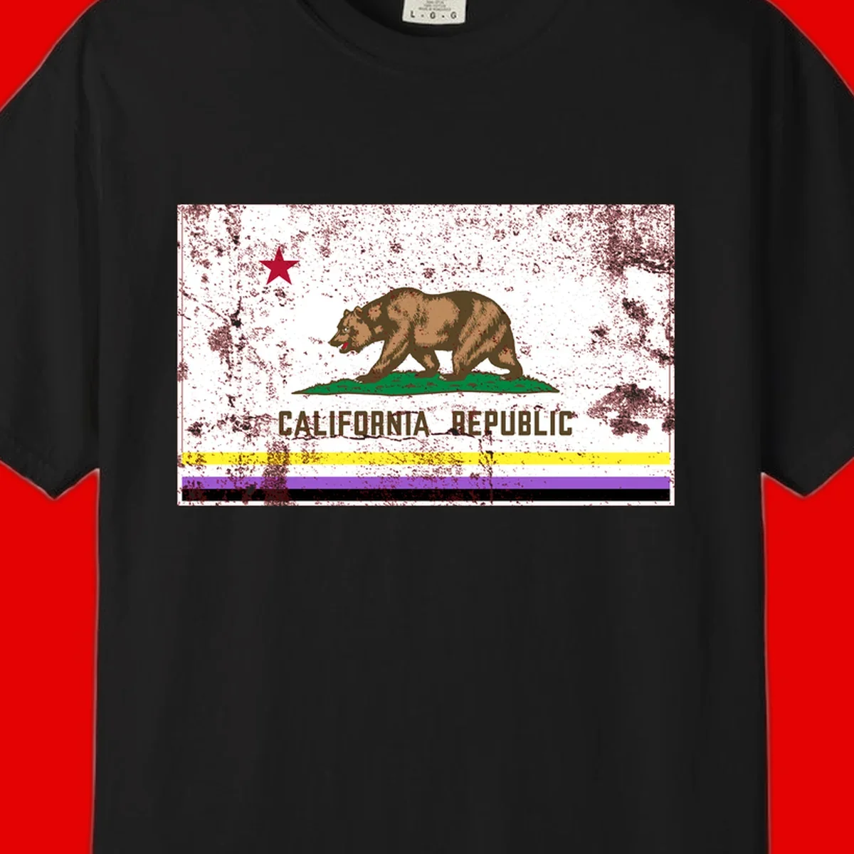 Vintage distressed California Republic bear design with red star, standing on green grass, with yellow, purple, and black pride flag stripes below
