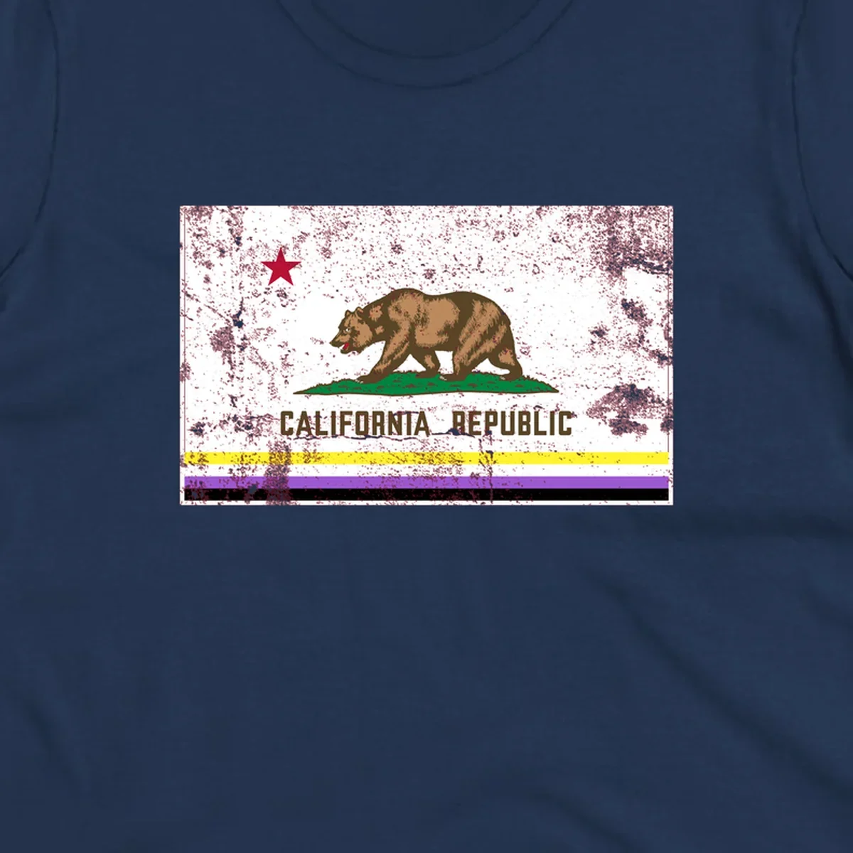 Vintage distressed California Republic bear design with red star, standing on green grass, with yellow, purple, and black pride flag stripes below