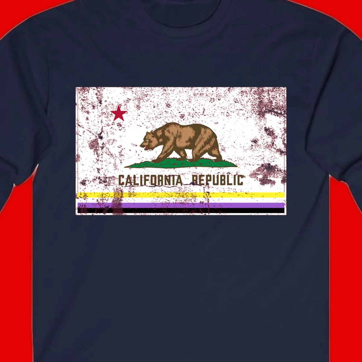 Vintage distressed California Republic bear design with red star, standing on green grass, with yellow, purple, and black pride flag stripes below