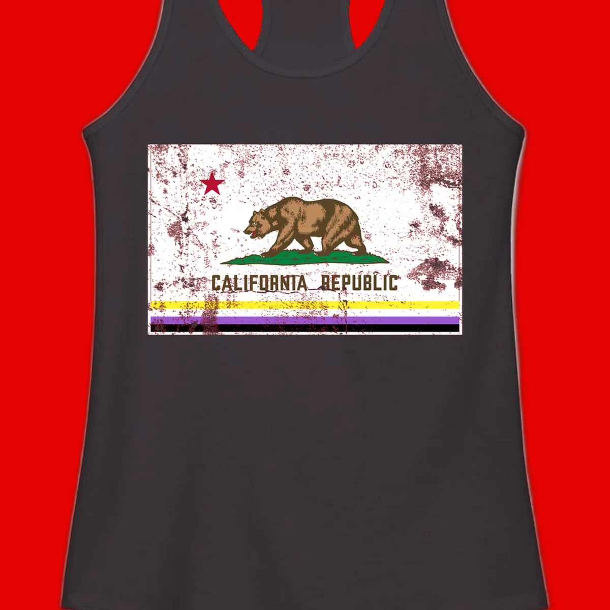 Vintage distressed California Republic bear design with red star, standing on green grass, with yellow, purple, and black pride flag stripes below