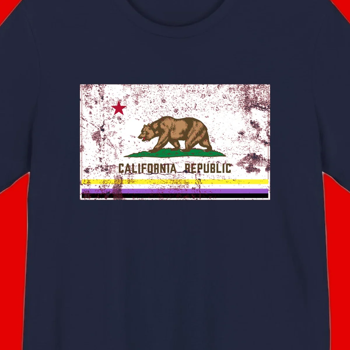 Vintage distressed California Republic bear design with red star, standing on green grass, with yellow, purple, and black pride flag stripes below
