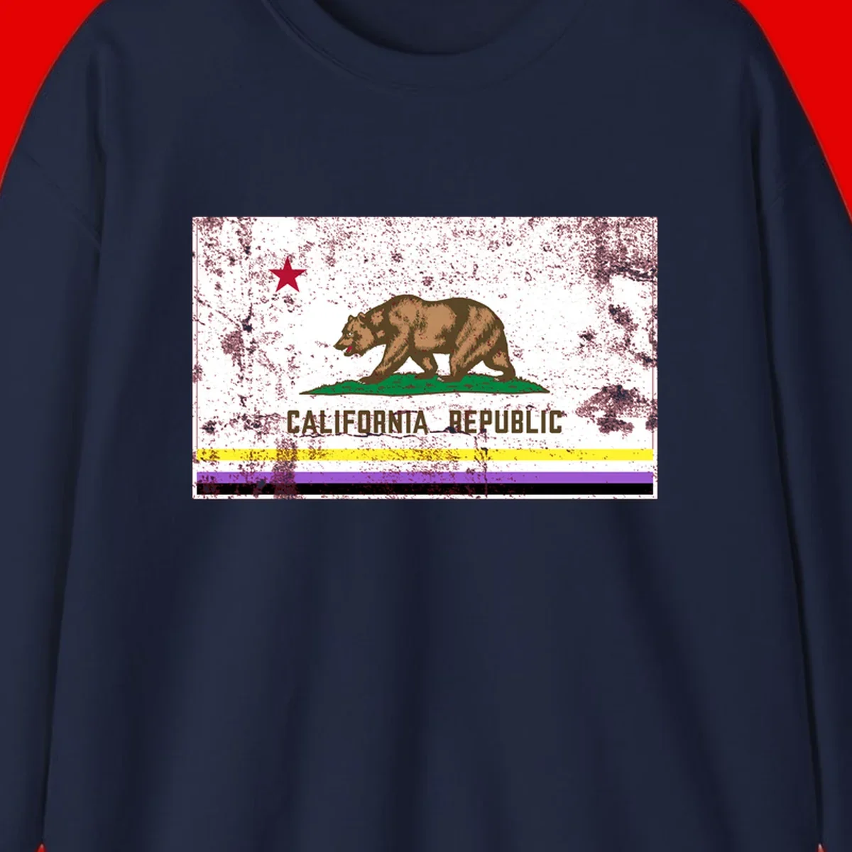 Vintage distressed California Republic bear design with red star, standing on green grass, with yellow, purple, and black pride flag stripes below