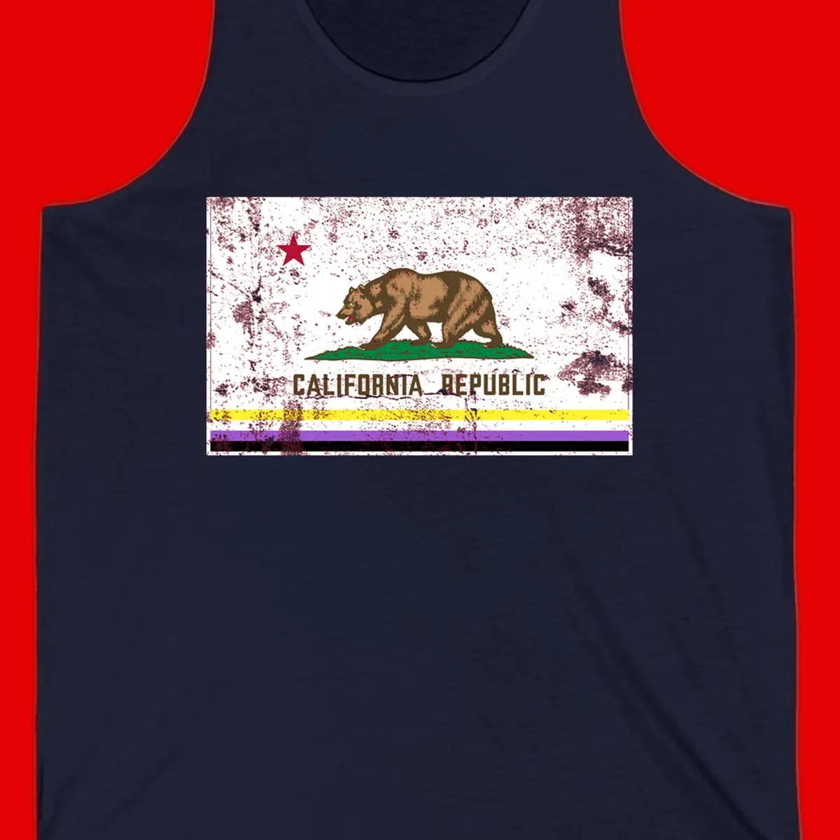Vintage distressed California Republic bear design with red star, standing on green grass, with yellow, purple, and black pride flag stripes below