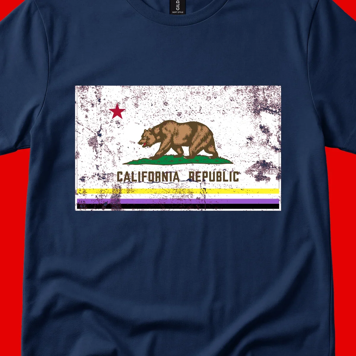 Vintage distressed California Republic bear design with red star, standing on green grass, with yellow, purple, and black pride flag stripes below