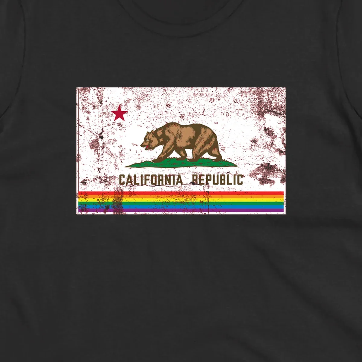 Distressed vintage California Republic flag bear with raised paw on green grass, red star above, CALIFORNIA REPUBLIC text, and rainbow pride stripes below