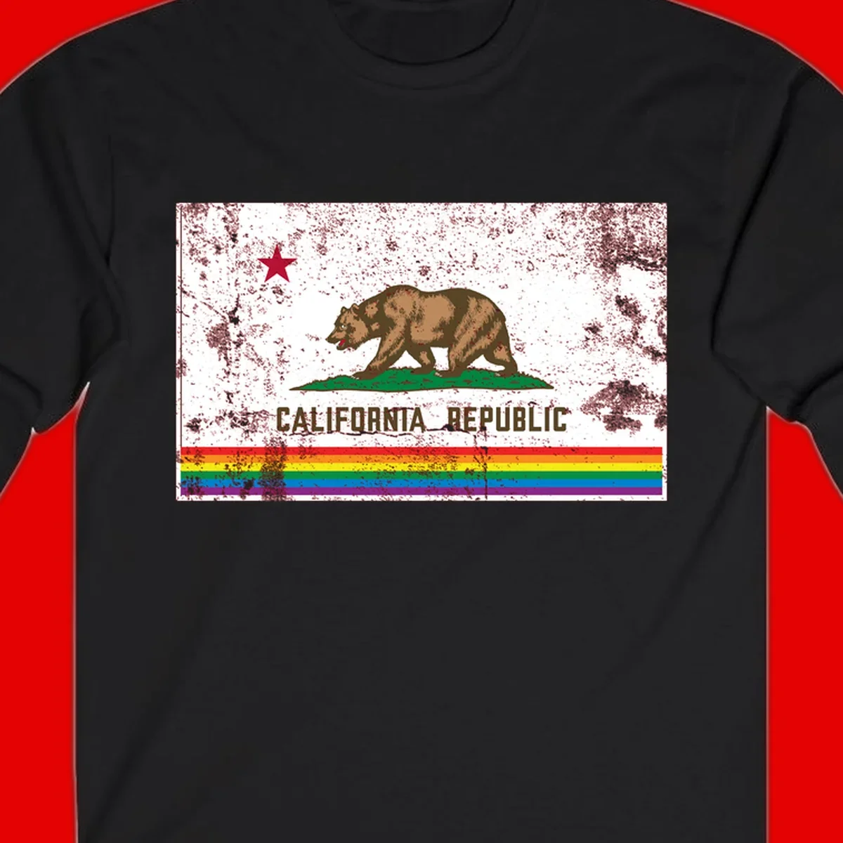 Distressed vintage California Republic flag bear with raised paw on green grass, red star above, CALIFORNIA REPUBLIC text, and rainbow pride stripes below