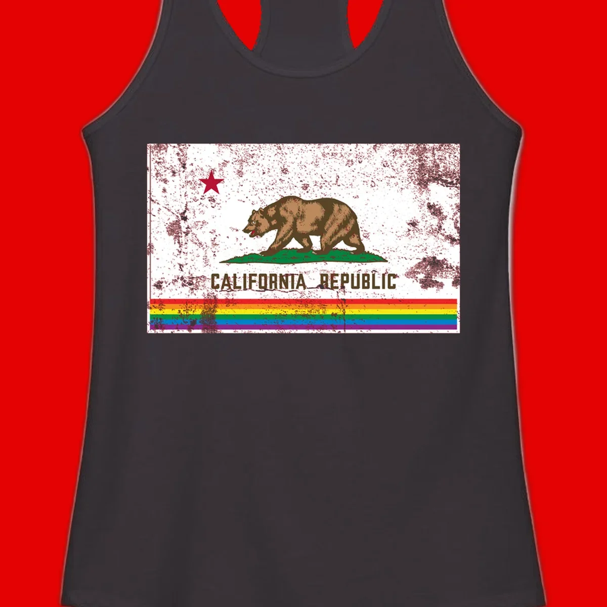 Distressed vintage California Republic flag bear with raised paw on green grass, red star above, CALIFORNIA REPUBLIC text, and rainbow pride stripes below