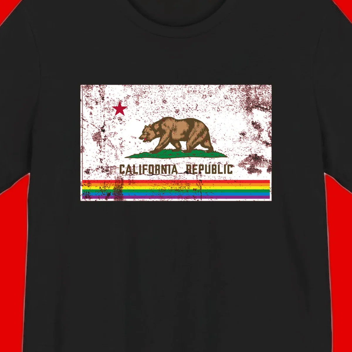 Distressed vintage California Republic flag bear with raised paw on green grass, red star above, CALIFORNIA REPUBLIC text, and rainbow pride stripes below