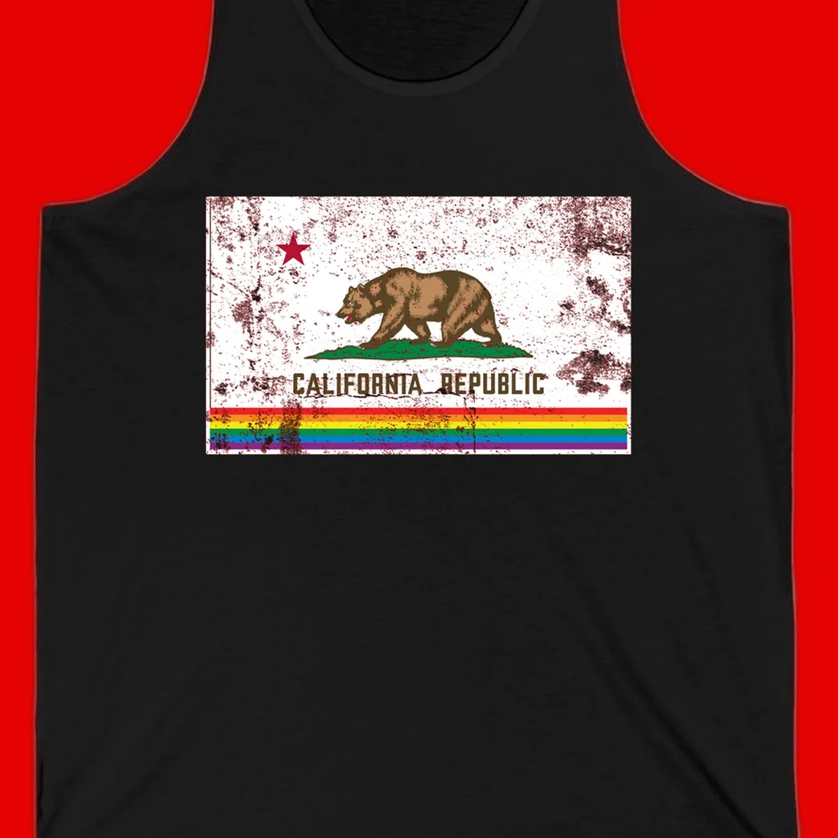 Distressed vintage California Republic flag bear with raised paw on green grass, red star above, CALIFORNIA REPUBLIC text, and rainbow pride stripes below