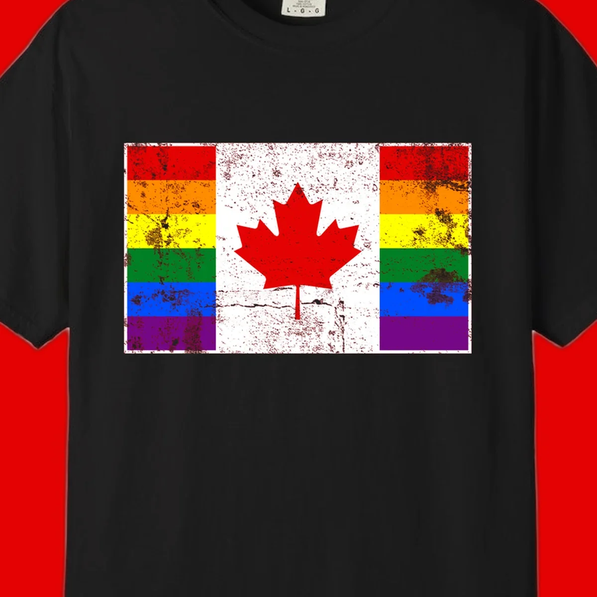Canadian maple leaf in red and white centered between rainbow pride flag stripes with grunge texture, celebrating Canada pride