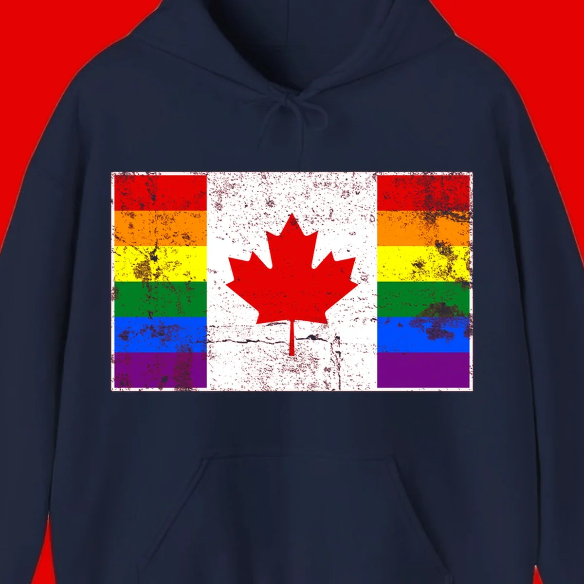 Canadian maple leaf in red and white centered between rainbow pride flag stripes with grunge texture, celebrating Canada pride