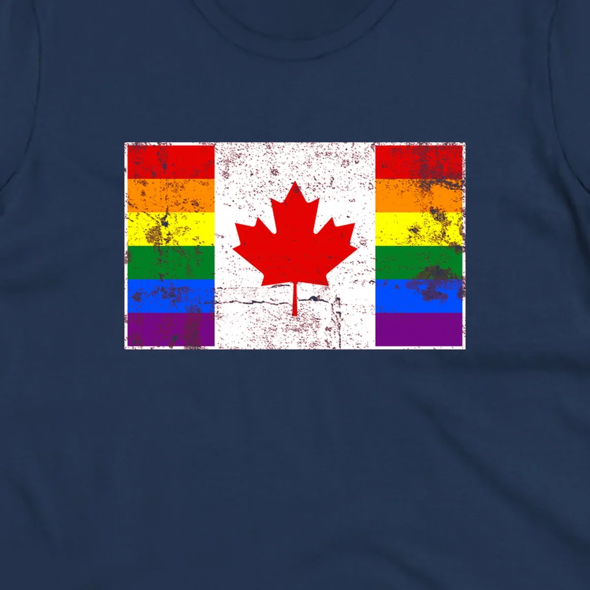 Canadian maple leaf in red and white centered between rainbow pride flag stripes with grunge texture, celebrating Canada pride
