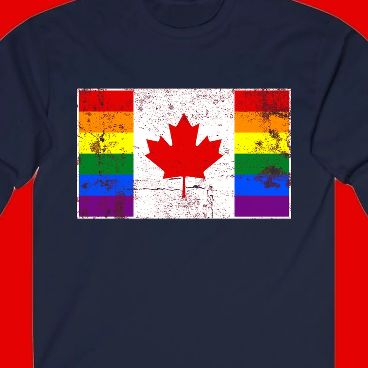 Canadian maple leaf in red and white centered between rainbow pride flag stripes with grunge texture, celebrating Canada pride
