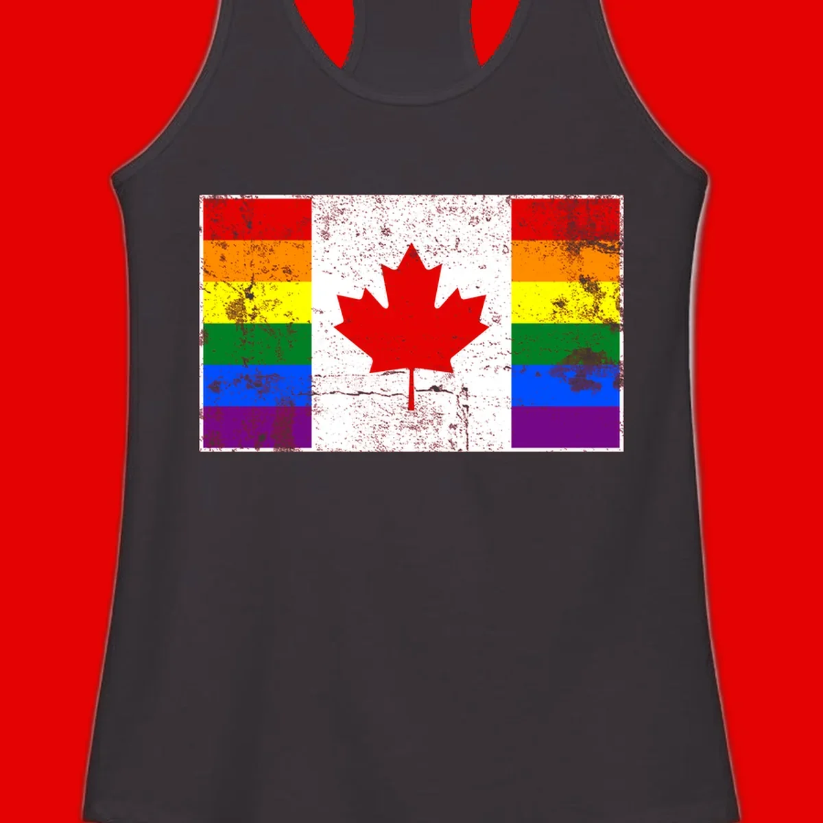 Canadian maple leaf in red and white centered between rainbow pride flag stripes with grunge texture, celebrating Canada pride