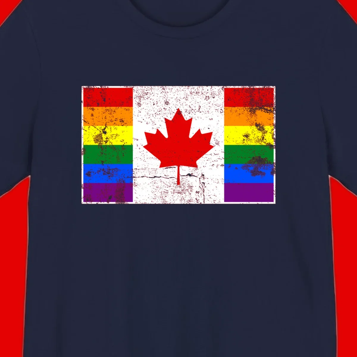 Canadian maple leaf in red and white centered between rainbow pride flag stripes with grunge texture, celebrating Canada pride