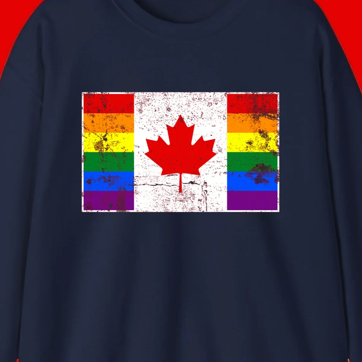 Canadian maple leaf in red and white centered between rainbow pride flag stripes with grunge texture, celebrating Canada pride