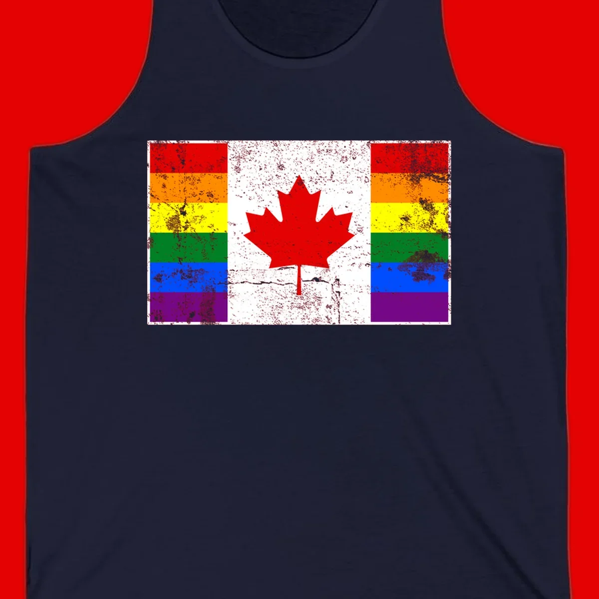 Canadian maple leaf in red and white centered between rainbow pride flag stripes with grunge texture, celebrating Canada pride