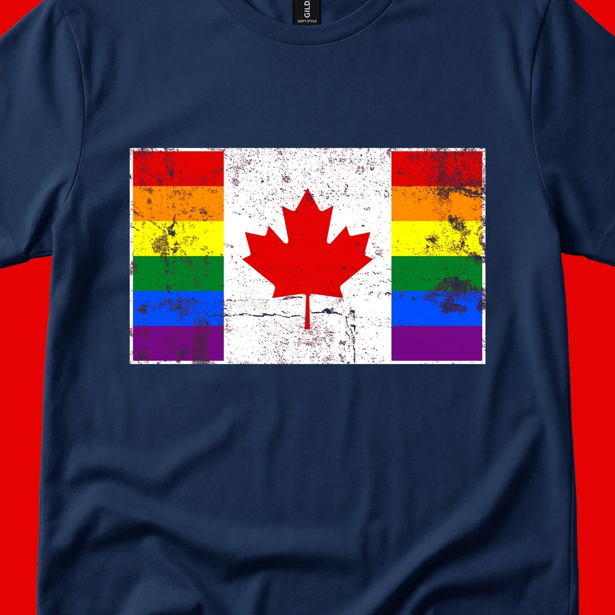 Canadian maple leaf in red and white centered between rainbow pride flag stripes with grunge texture, celebrating Canada pride