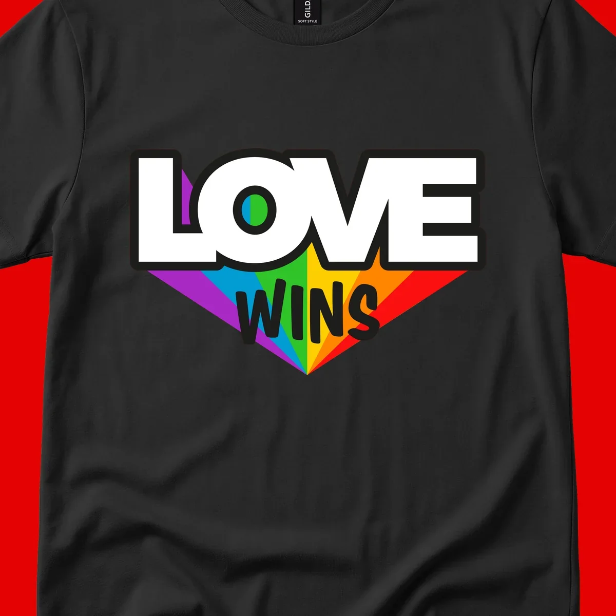 Love wins pride design with rainbow wings and gradient eye symbol in vibrant purple, blue, green, yellow, orange and red colors
