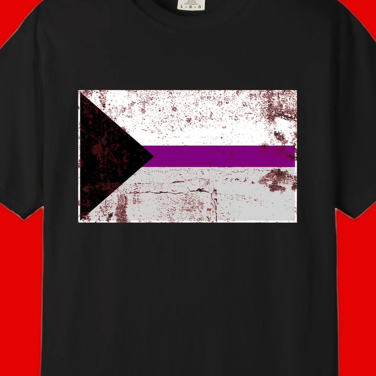 Asexual pride flag with black, purple, white, and gray horizontal stripes and rightward chevron, distressed grunge texture