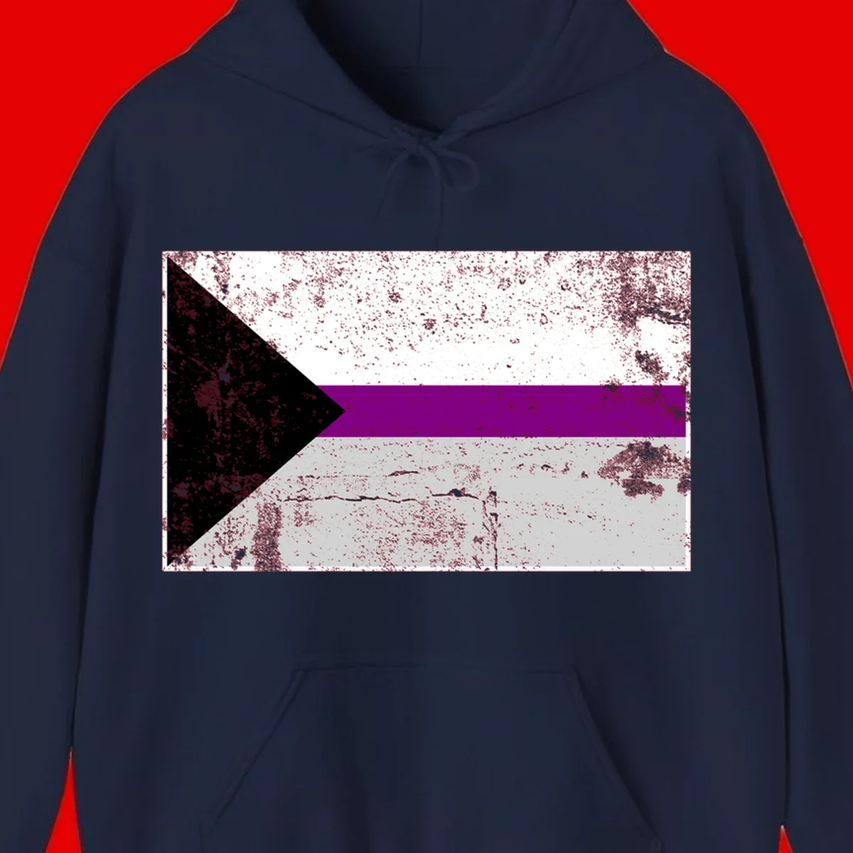 Asexual pride flag with black, purple, white, and gray horizontal stripes and rightward chevron, distressed grunge texture
