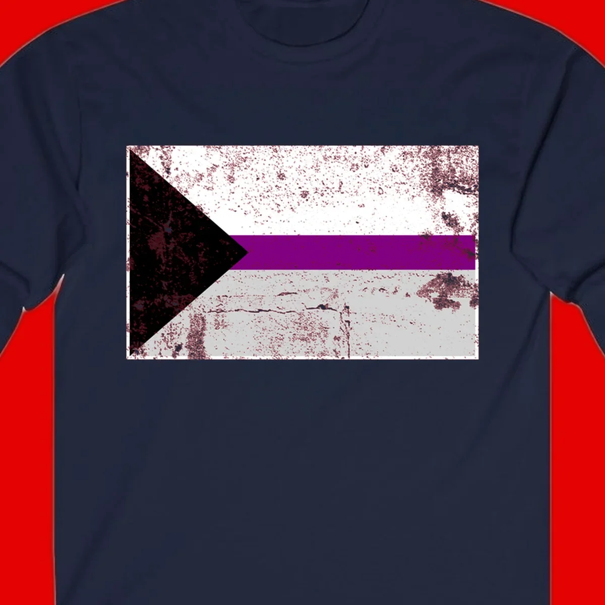 Asexual pride flag with black, purple, white, and gray horizontal stripes and rightward chevron, distressed grunge texture
