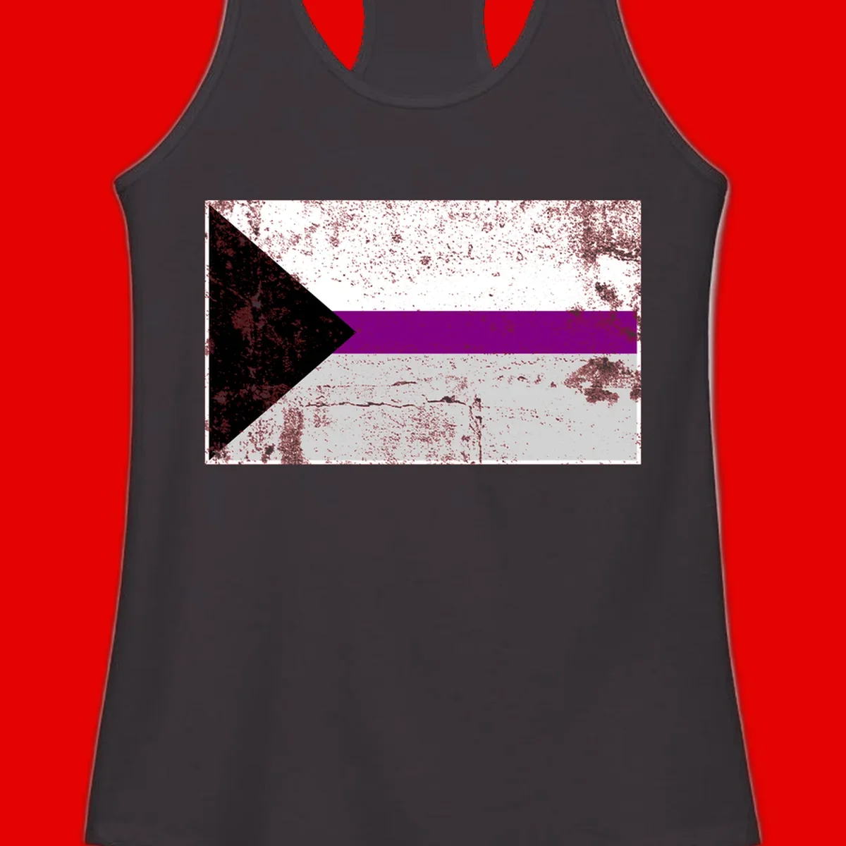 Asexual pride flag with black, purple, white, and gray horizontal stripes and rightward chevron, distressed grunge texture