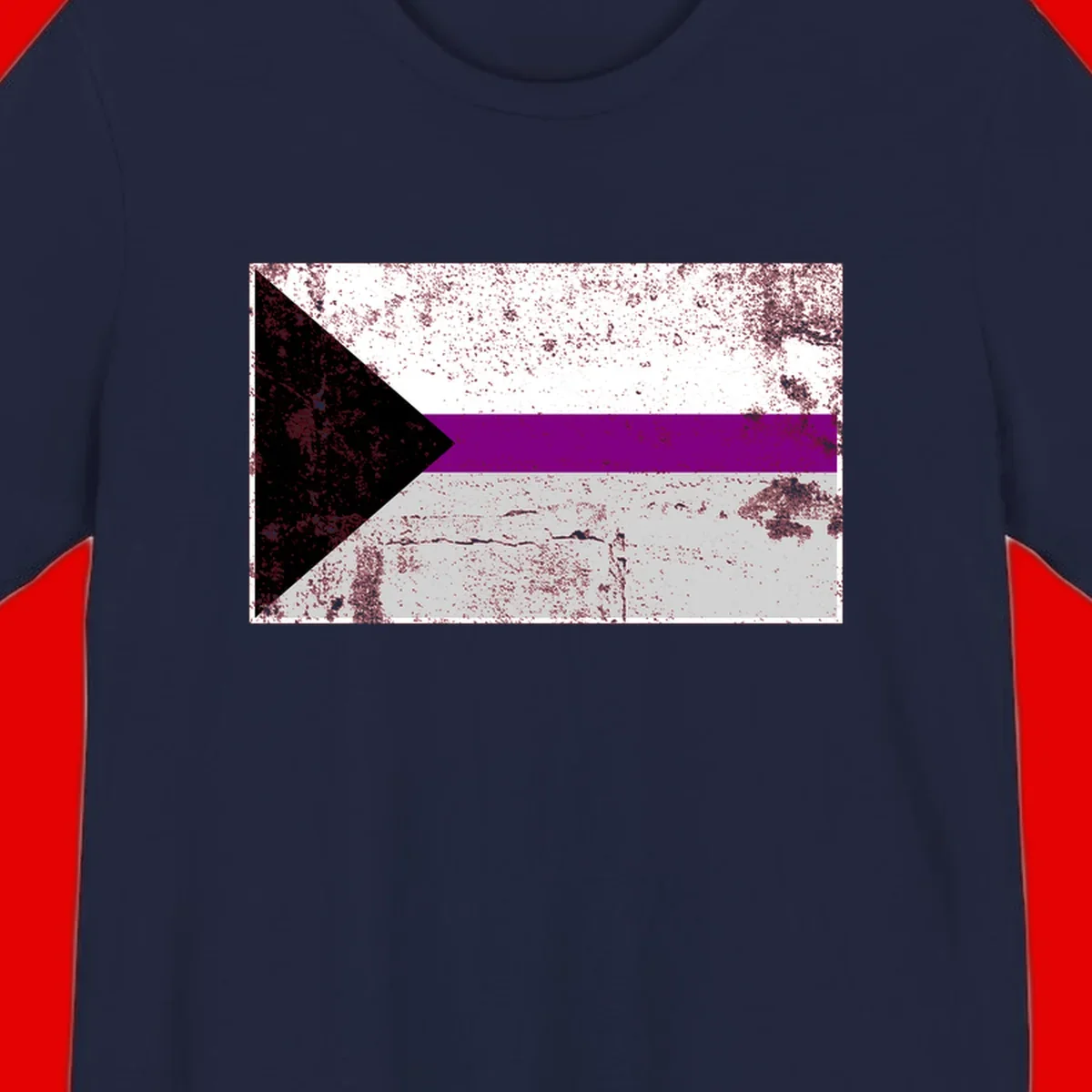 Asexual pride flag with black, purple, white, and gray horizontal stripes and rightward chevron, distressed grunge texture