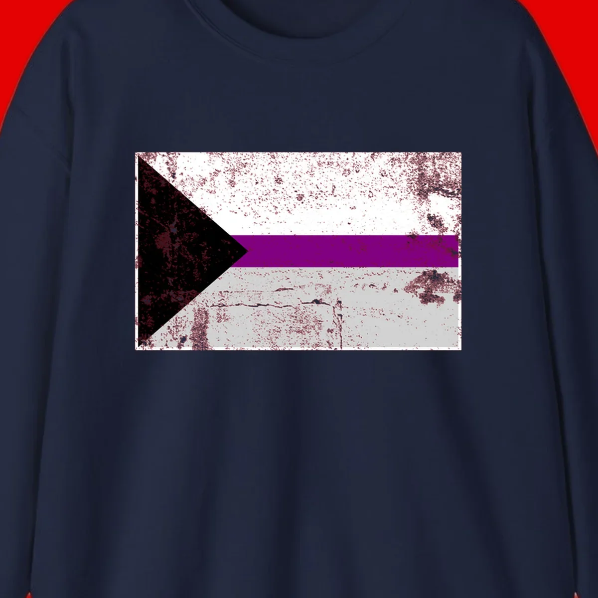 Asexual pride flag with black, purple, white, and gray horizontal stripes and rightward chevron, distressed grunge texture