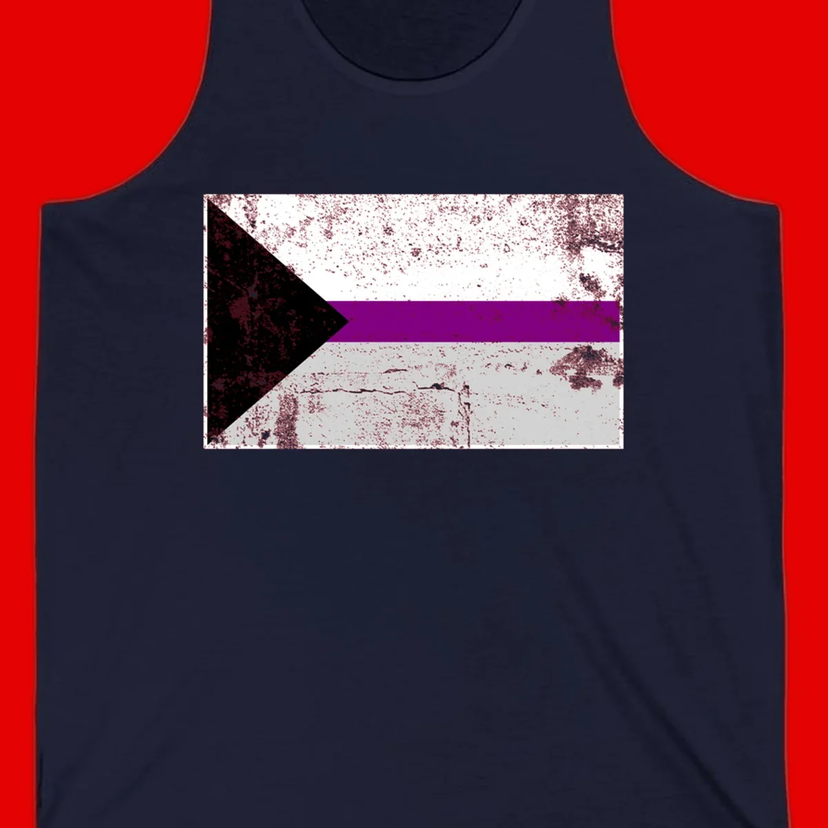 Asexual pride flag with black, purple, white, and gray horizontal stripes and rightward chevron, distressed grunge texture