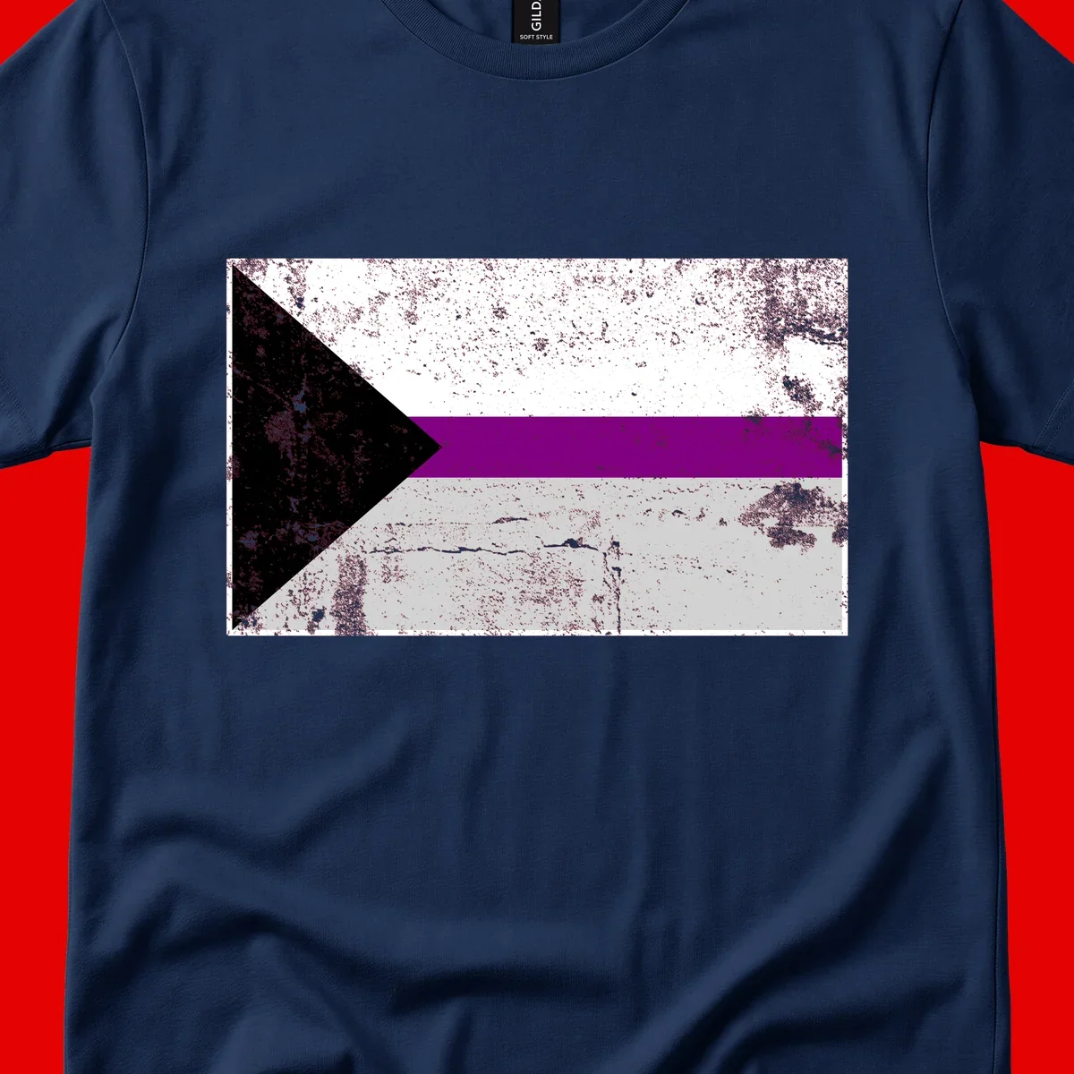 Asexual pride flag with black, purple, white, and gray horizontal stripes and rightward chevron, distressed grunge texture