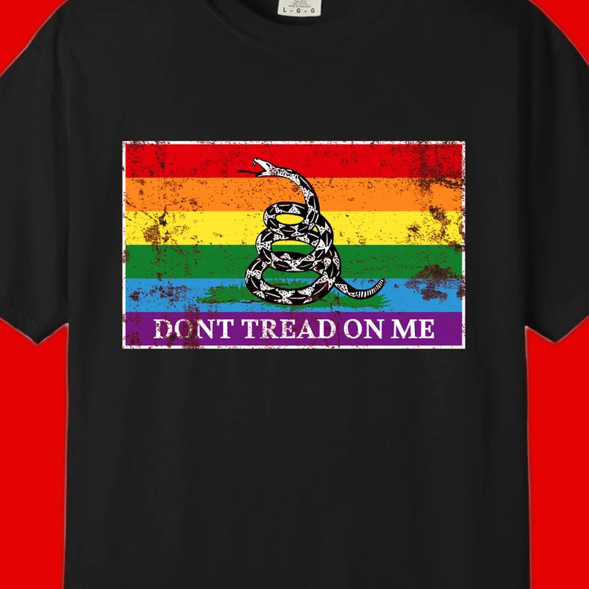 Rainbow pride flag with coiled snake and 'Don't Tread On Me' text - don't tread pride snake design