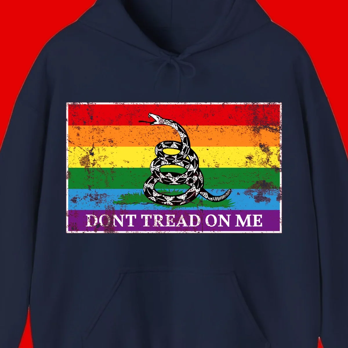 Rainbow pride flag with coiled snake and 'Don't Tread On Me' text - don't tread pride snake design