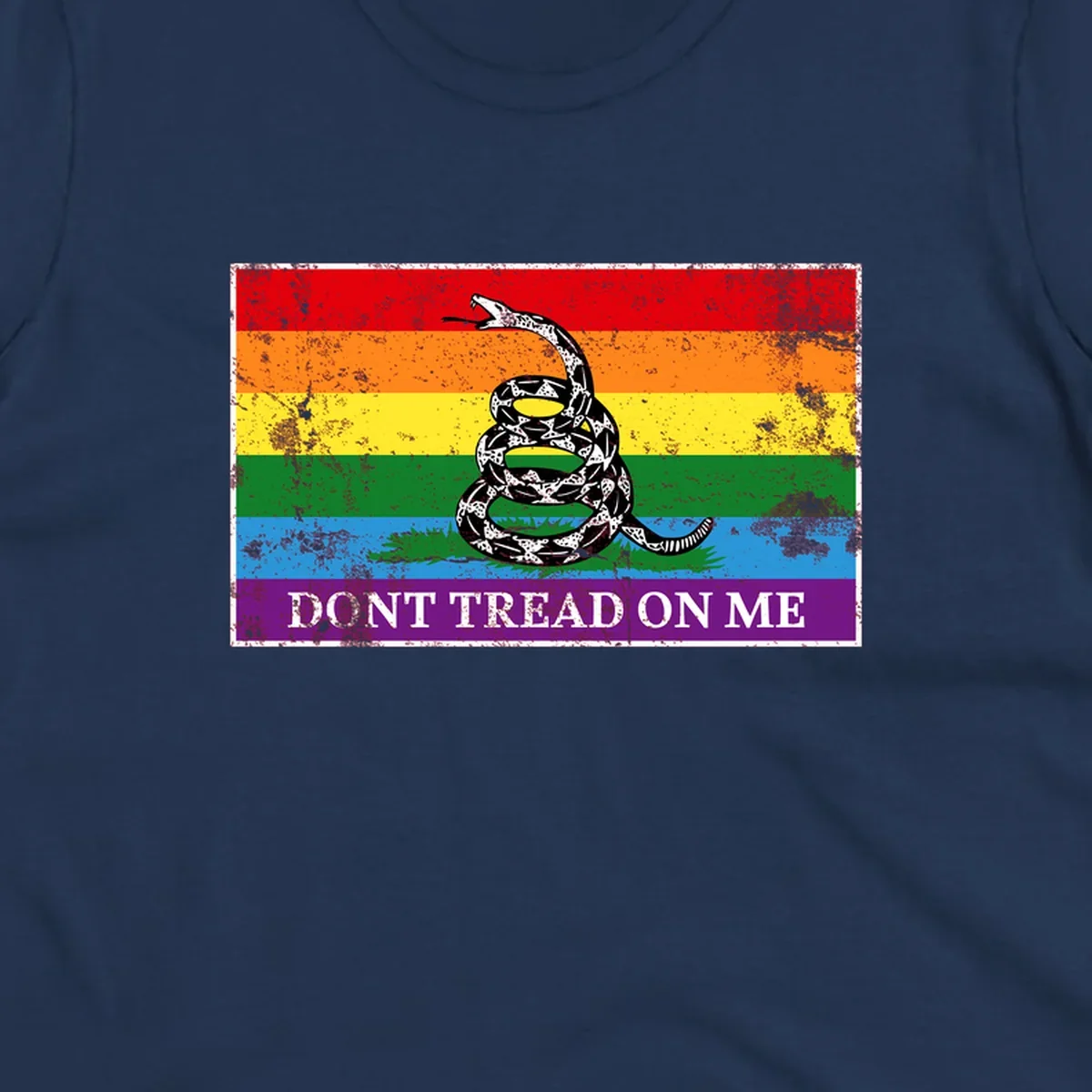 Rainbow pride flag with coiled snake and 'Don't Tread On Me' text - don't tread pride snake design