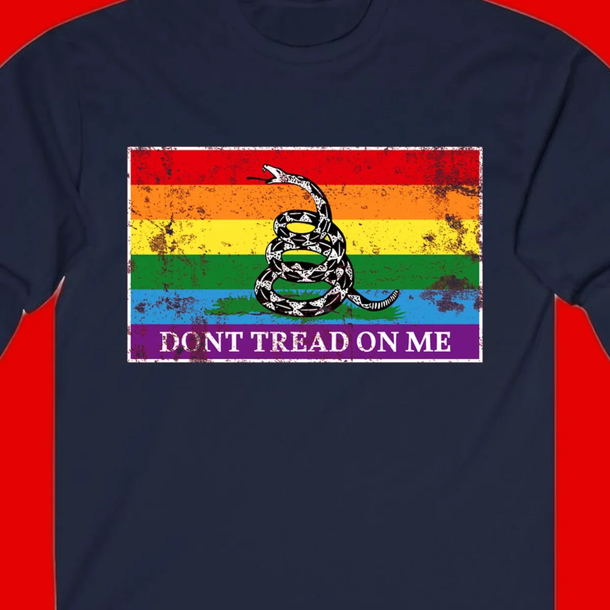 Rainbow pride flag with coiled snake and 'Don't Tread On Me' text - don't tread pride snake design
