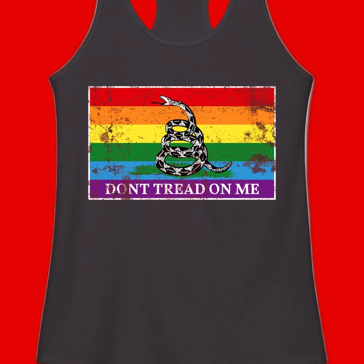 Rainbow pride flag with coiled snake and 'Don't Tread On Me' text - don't tread pride snake design