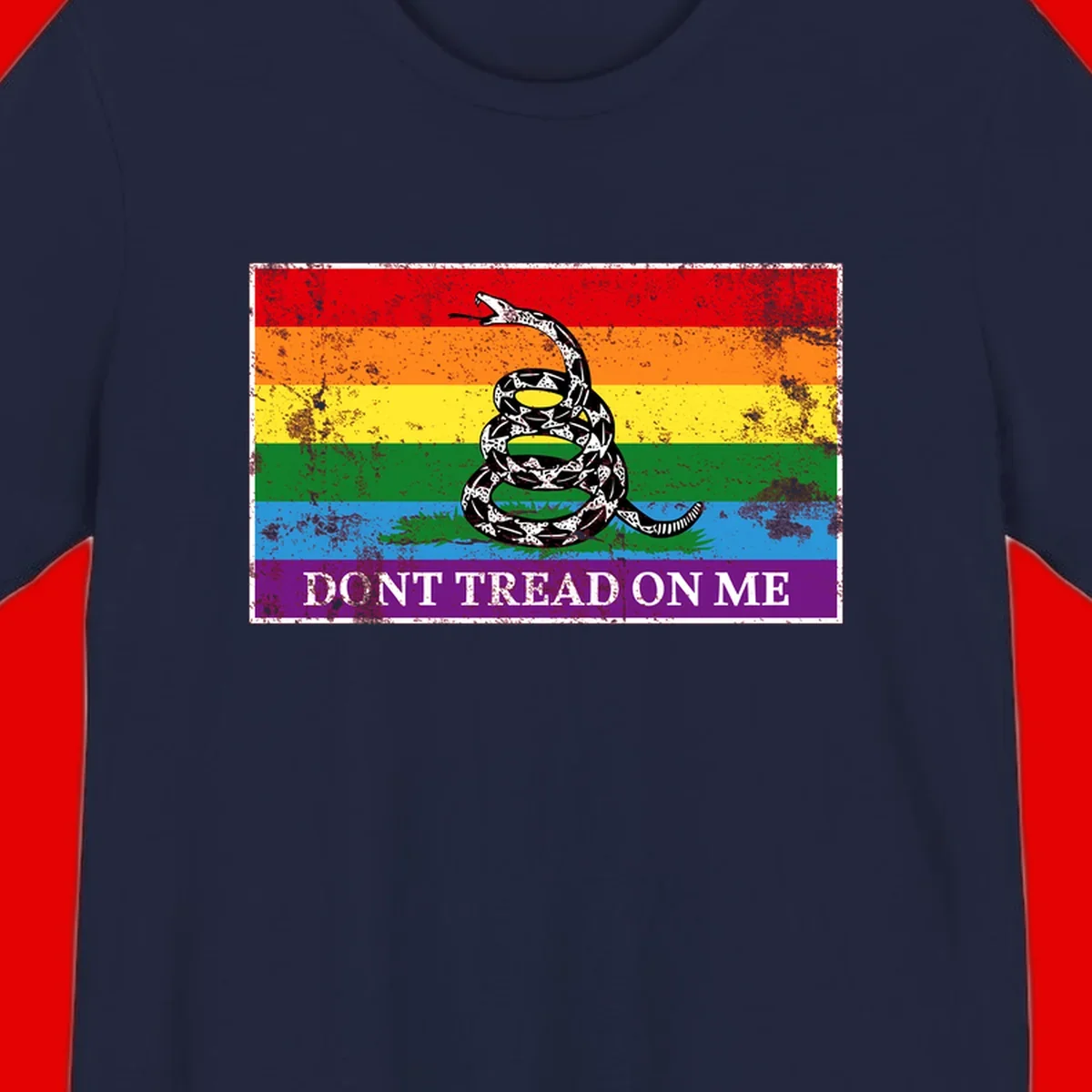 Rainbow pride flag with coiled snake and 'Don't Tread On Me' text - don't tread pride snake design