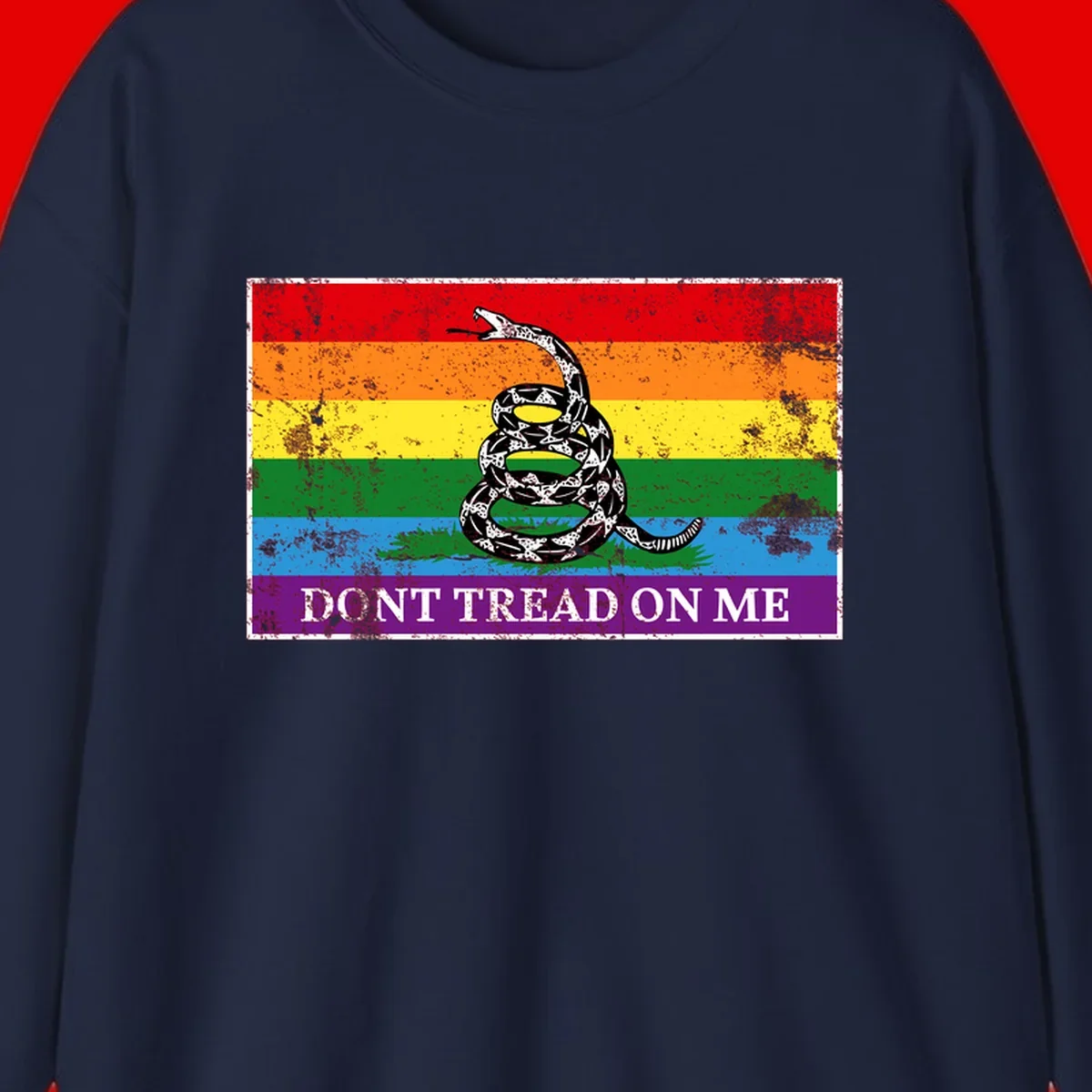 Rainbow pride flag with coiled snake and 'Don't Tread On Me' text - don't tread pride snake design